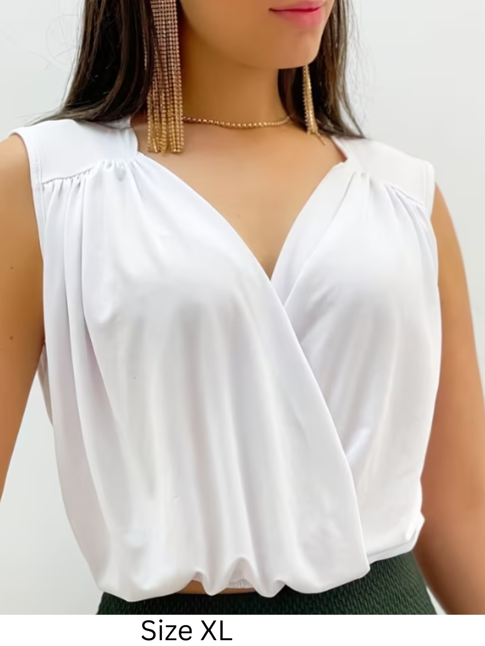 Draped White Surplice Sleeveless Blouse
